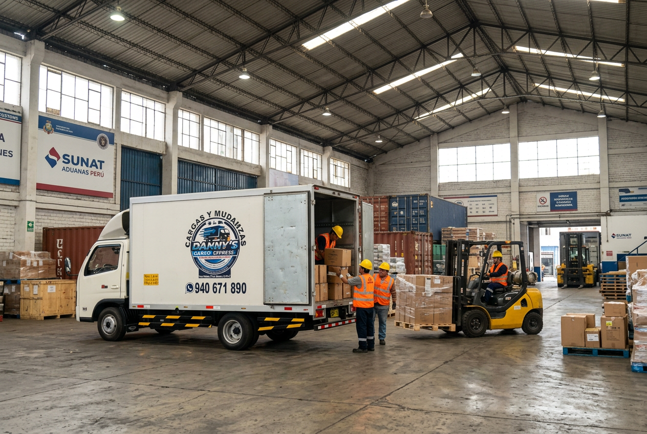 Camión Danny's Cargo Express cargando mercadería en almacén de aduana